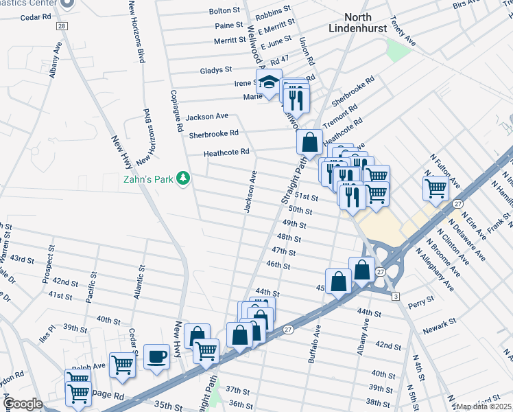 map of restaurants, bars, coffee shops, grocery stores, and more near 357 49th Street in Lindenhurst