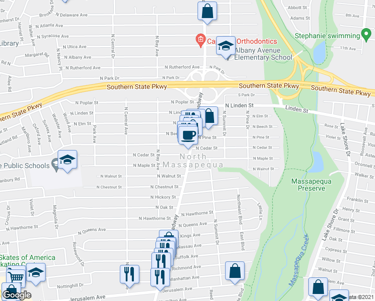 map of restaurants, bars, coffee shops, grocery stores, and more near 919 North Broadway in North Massapequa