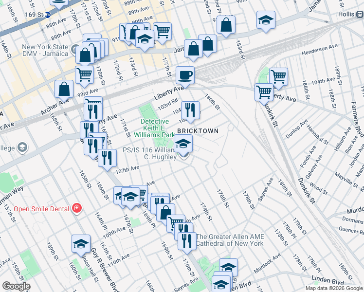 map of restaurants, bars, coffee shops, grocery stores, and more near 107-05 Wren Place in Queens