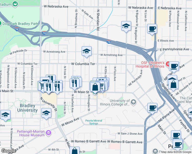 map of restaurants, bars, coffee shops, grocery stores, and more near 1101 North Sheridan Road in Peoria