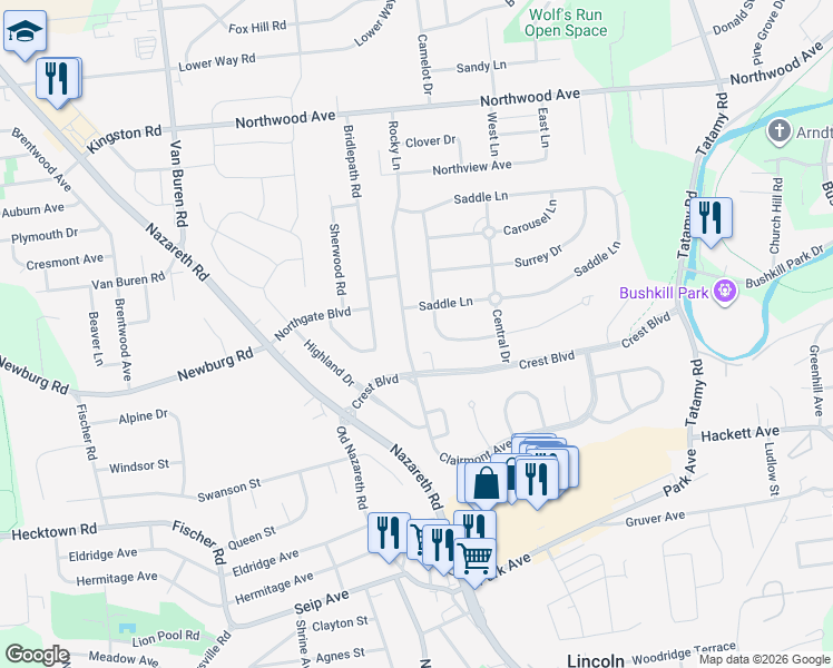 map of restaurants, bars, coffee shops, grocery stores, and more near 3201 Rocky Lane in Easton