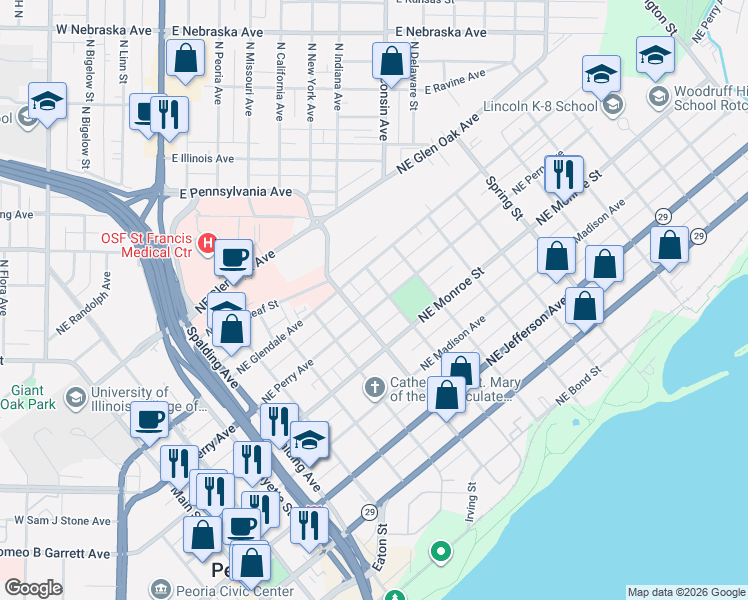 map of restaurants, bars, coffee shops, grocery stores, and more near 811 Northeast Perry Avenue in Peoria