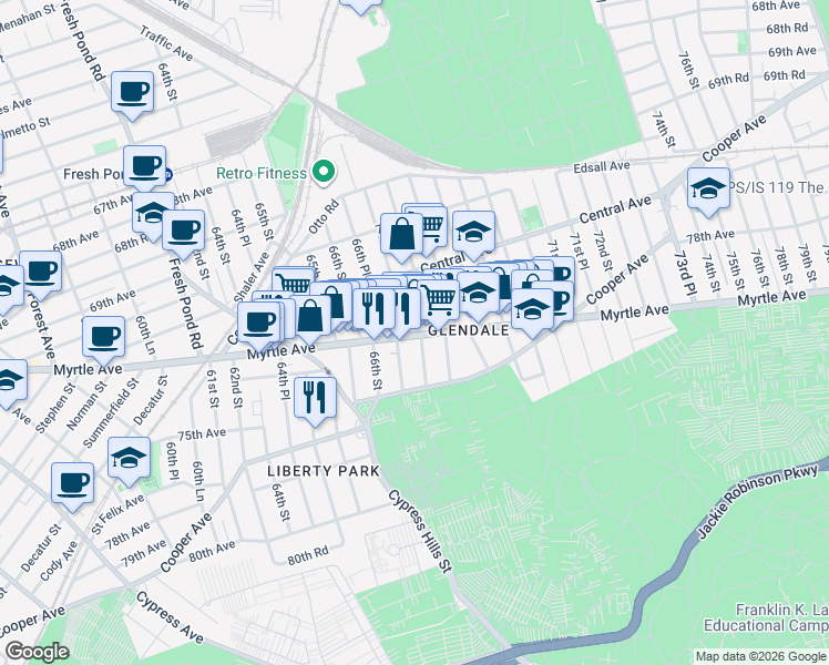map of restaurants, bars, coffee shops, grocery stores, and more near 72-12 66th Place in Queens