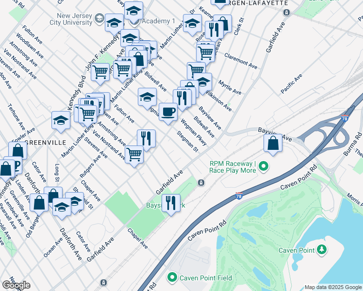 map of restaurants, bars, coffee shops, grocery stores, and more near 17 Bayside Place in Jersey City
