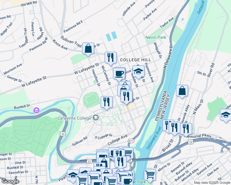 map of restaurants, bars, coffee shops, grocery stores, and more near 415 McCartney Street in Easton