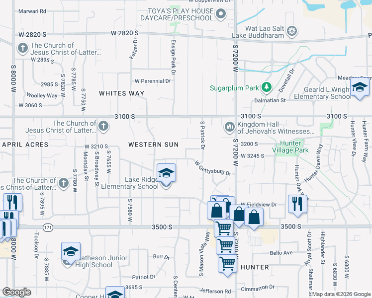 map of restaurants, bars, coffee shops, grocery stores, and more near South Madison Drive in Magna