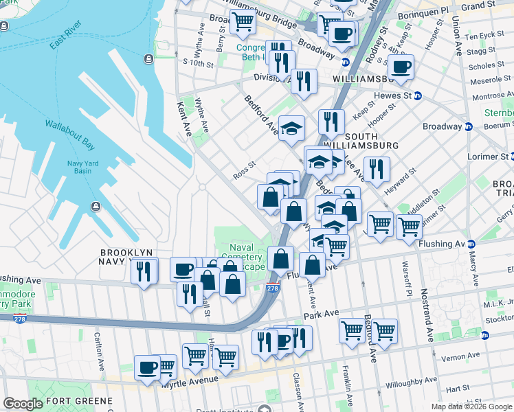 map of restaurants, bars, coffee shops, grocery stores, and more near 652 Wallabout Road in Brooklyn