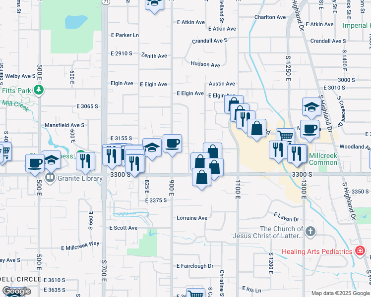 map of restaurants, bars, coffee shops, grocery stores, and more near 3217 South 945 East in Millcreek