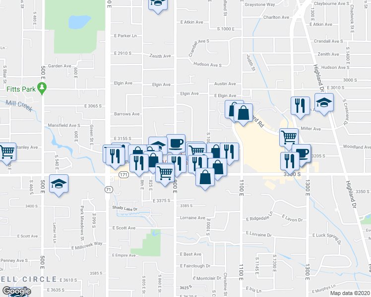 map of restaurants, bars, coffee shops, grocery stores, and more near 3217 South 945 East in Millcreek