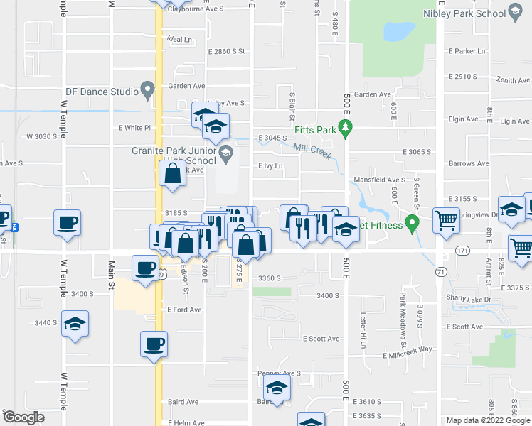 map of restaurants, bars, coffee shops, grocery stores, and more near 3219 South 300 East in South Salt Lake