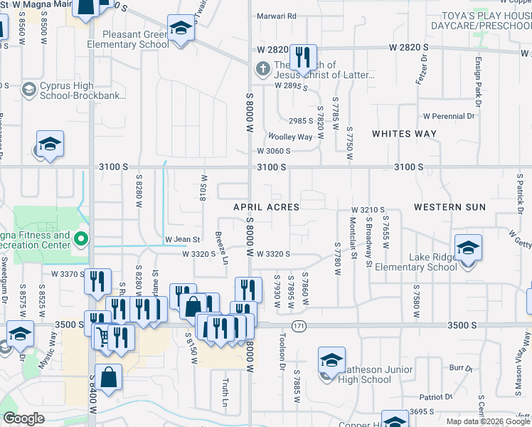 map of restaurants, bars, coffee shops, grocery stores, and more near 7967 Gompers Avenue in Magna