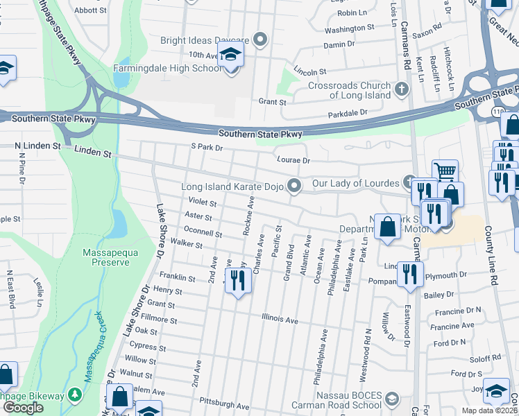 map of restaurants, bars, coffee shops, grocery stores, and more near 505 Rockne Avenue in Massapequa Park