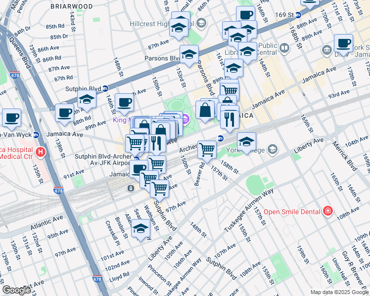 map of restaurants, bars, coffee shops, grocery stores, and more near 151-03 94th Avenue in Queens