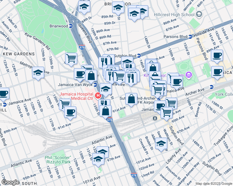 map of restaurants, bars, coffee shops, grocery stores, and more near 138-18 90th Avenue in Queens