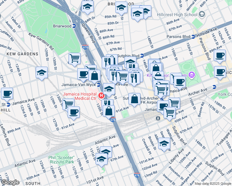 map of restaurants, bars, coffee shops, grocery stores, and more near 138-18 90th Avenue in Queens