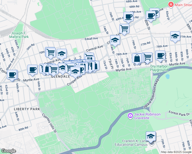 map of restaurants, bars, coffee shops, grocery stores, and more near 73-38 72nd Street in Queens