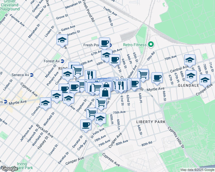 map of restaurants, bars, coffee shops, grocery stores, and more near 60-63 Myrtle Avenue in Queens
