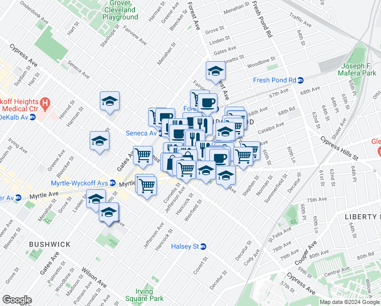 map of restaurants, bars, coffee shops, grocery stores, and more near in Queens