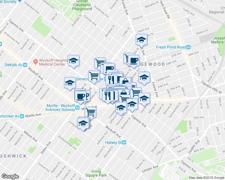 map of restaurants, bars, coffee shops, grocery stores, and more near in Queens