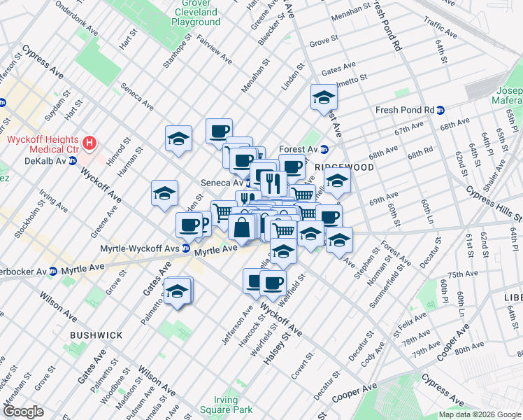 map of restaurants, bars, coffee shops, grocery stores, and more near in Queens