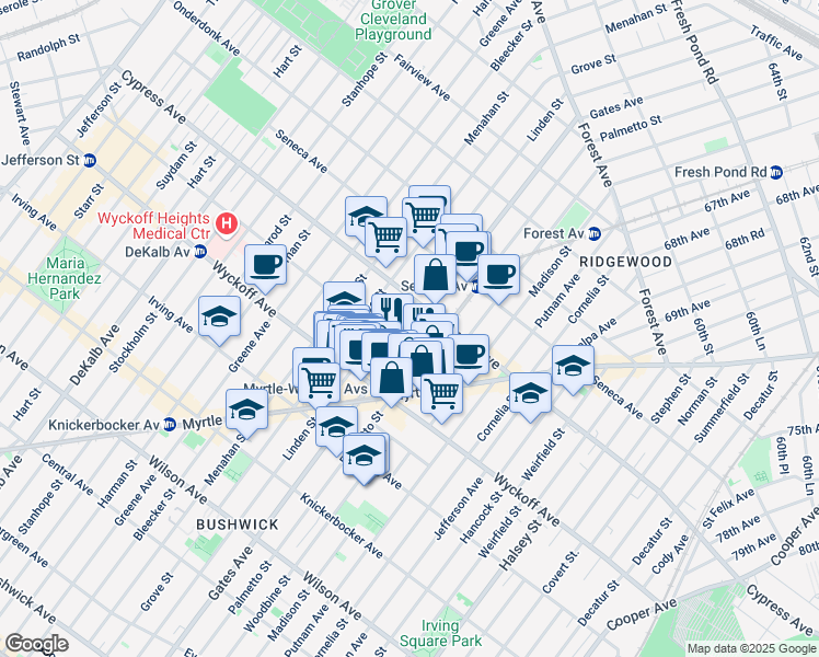 map of restaurants, bars, coffee shops, grocery stores, and more near 310 Saint Nicholas Avenue in Brooklyn