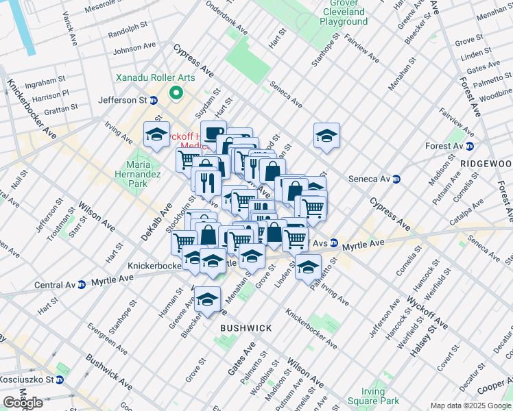 map of restaurants, bars, coffee shops, grocery stores, and more near 1395 Greene Avenue in Brooklyn