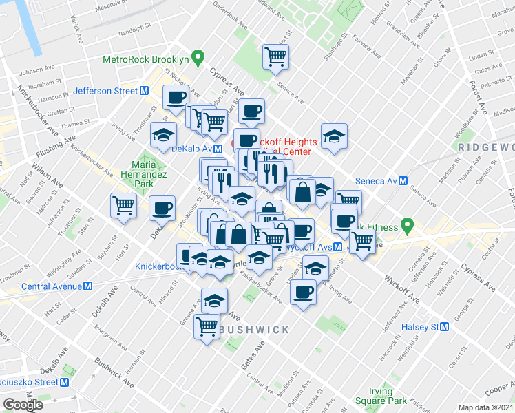 map of restaurants, bars, coffee shops, grocery stores, and more near 1395 Greene Avenue in Brooklyn