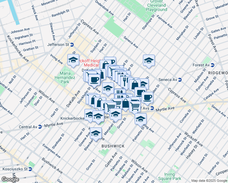map of restaurants, bars, coffee shops, grocery stores, and more near 1395 Greene Avenue in Brooklyn