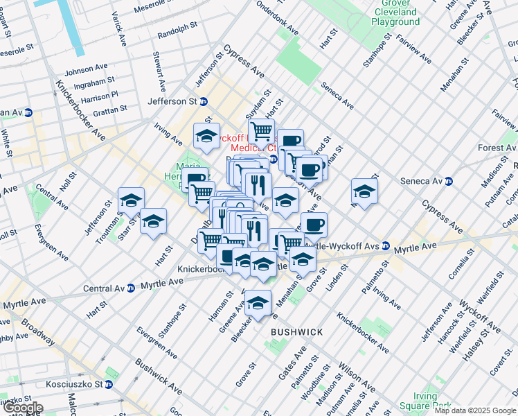 map of restaurants, bars, coffee shops, grocery stores, and more near 234B Stanhope Street in Brooklyn