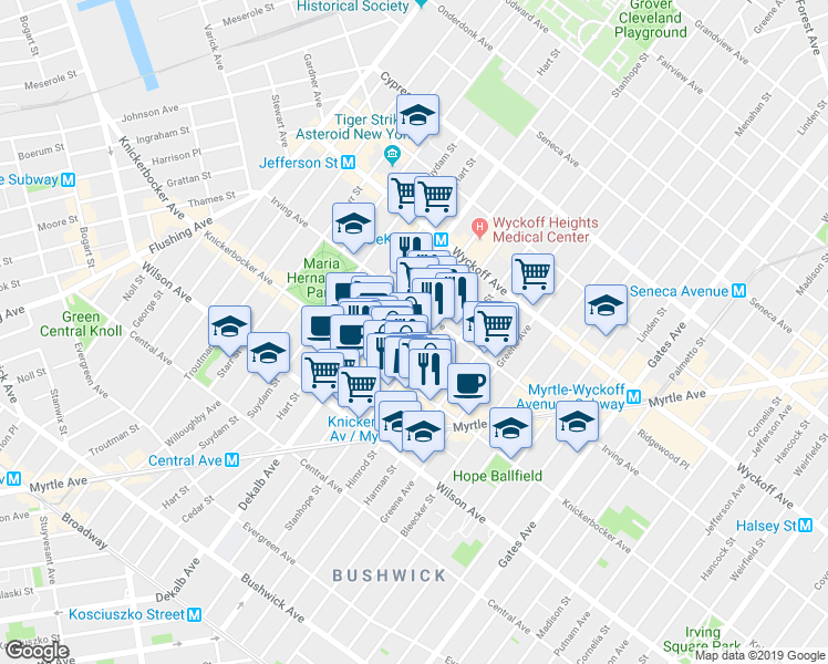 map of restaurants, bars, coffee shops, grocery stores, and more near 234B Stanhope Street in Brooklyn