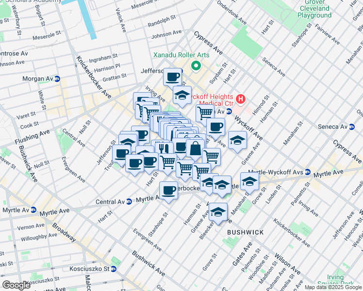 map of restaurants, bars, coffee shops, grocery stores, and more near 1457 Dekalb Avenue in Brooklyn