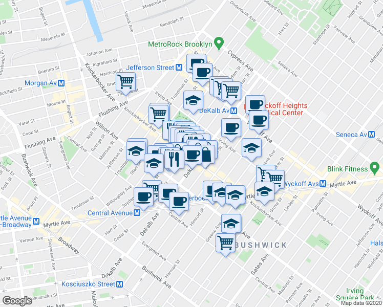 map of restaurants, bars, coffee shops, grocery stores, and more near 342 Knickerbocker Avenue in Brooklyn