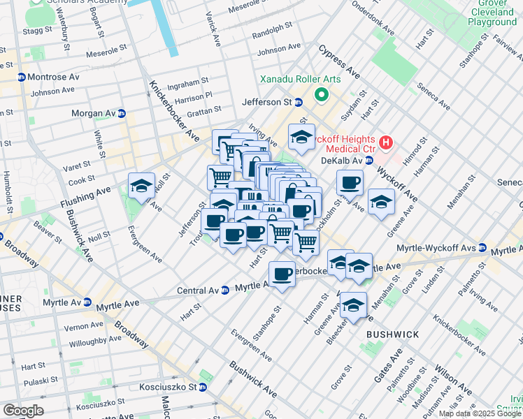 map of restaurants, bars, coffee shops, grocery stores, and more near 228 Suydam Street in Brooklyn