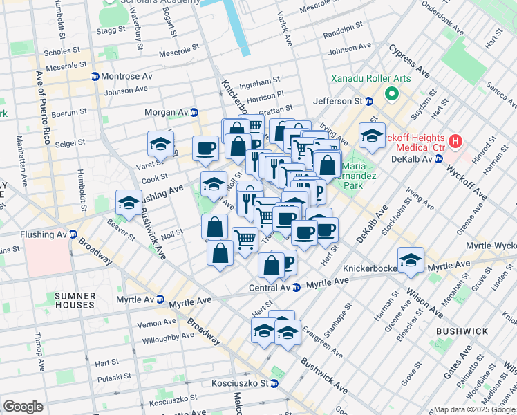 map of restaurants, bars, coffee shops, grocery stores, and more near 174 Jefferson Street in Brooklyn