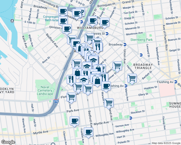 map of restaurants, bars, coffee shops, grocery stores, and more near 61 Lynch Street in Brooklyn
