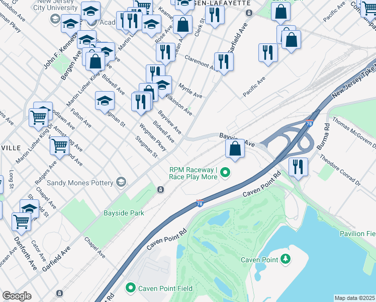 map of restaurants, bars, coffee shops, grocery stores, and more near 4 East Bidwell Avenue in Jersey City
