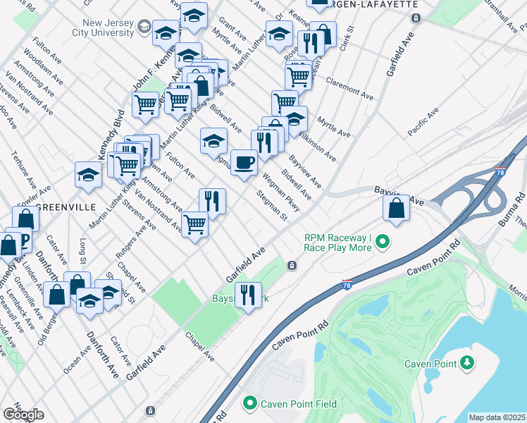 map of restaurants, bars, coffee shops, grocery stores, and more near 17 Bayside Place in Jersey City