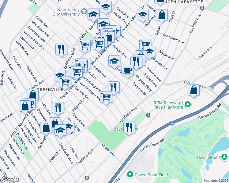map of restaurants, bars, coffee shops, grocery stores, and more near 415 Ocean Avenue in Jersey City