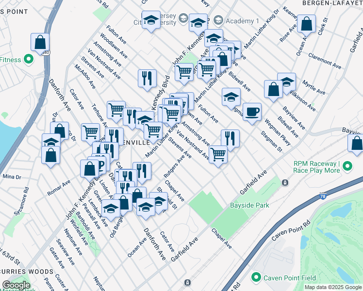 map of restaurants, bars, coffee shops, grocery stores, and more near 111 Rutgers Avenue in Jersey City