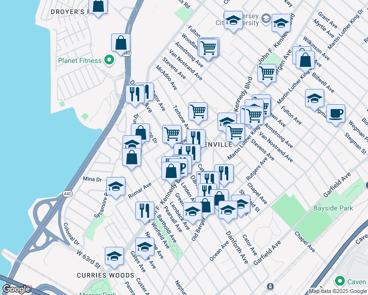 map of restaurants, bars, coffee shops, grocery stores, and more near 283 Danforth Avenue in Jersey City