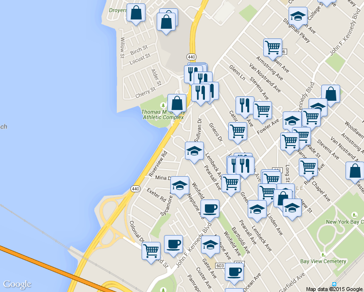 map of restaurants, bars, coffee shops, grocery stores, and more near 6 Suburbia Drive in Jersey City