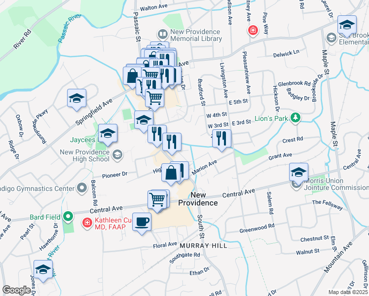 map of restaurants, bars, coffee shops, grocery stores, and more near 7 Douglas Street in New Providence