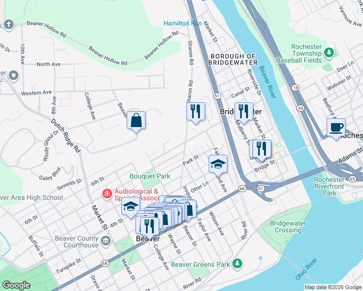 map of restaurants, bars, coffee shops, grocery stores, and more near 328 5th Street in Beaver