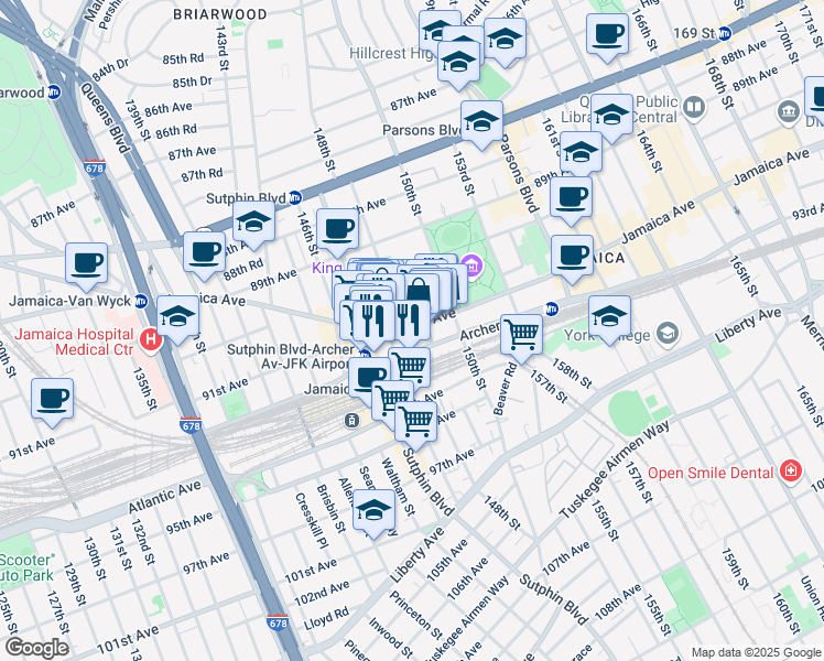 map of restaurants, bars, coffee shops, grocery stores, and more near 148-5 Archer Avenue in Queens