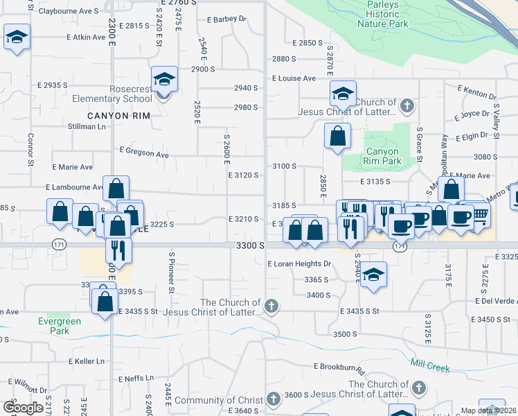 map of restaurants, bars, coffee shops, grocery stores, and more near 2654 East 3210 South in Salt Lake City