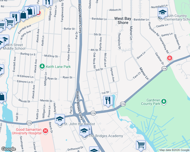 map of restaurants, bars, coffee shops, grocery stores, and more near 204 Oak Neck Road in West Islip