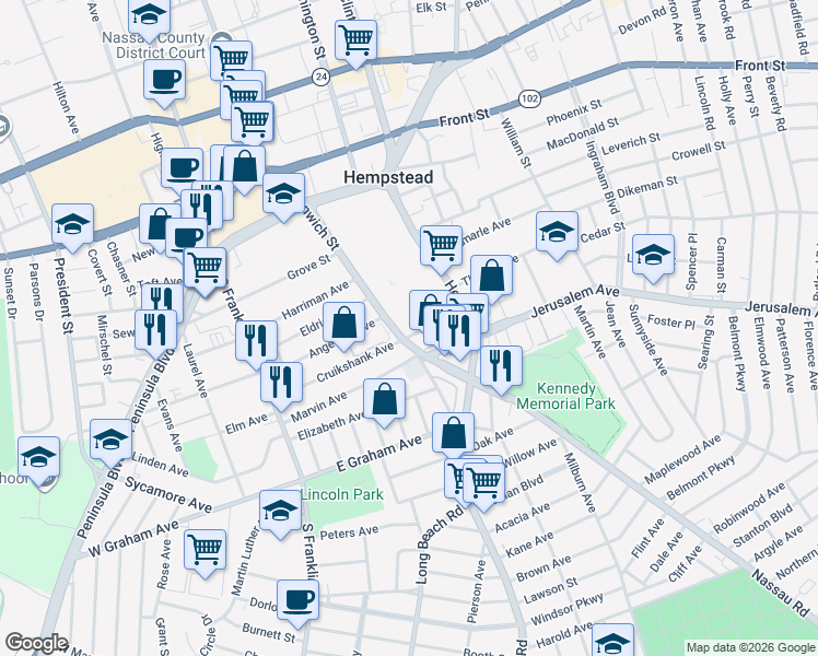 map of restaurants, bars, coffee shops, grocery stores, and more near 171 Greenwich Street in Hempstead