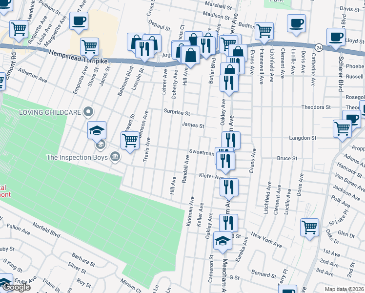 map of restaurants, bars, coffee shops, grocery stores, and more near 275 Hill Avenue in Elmont