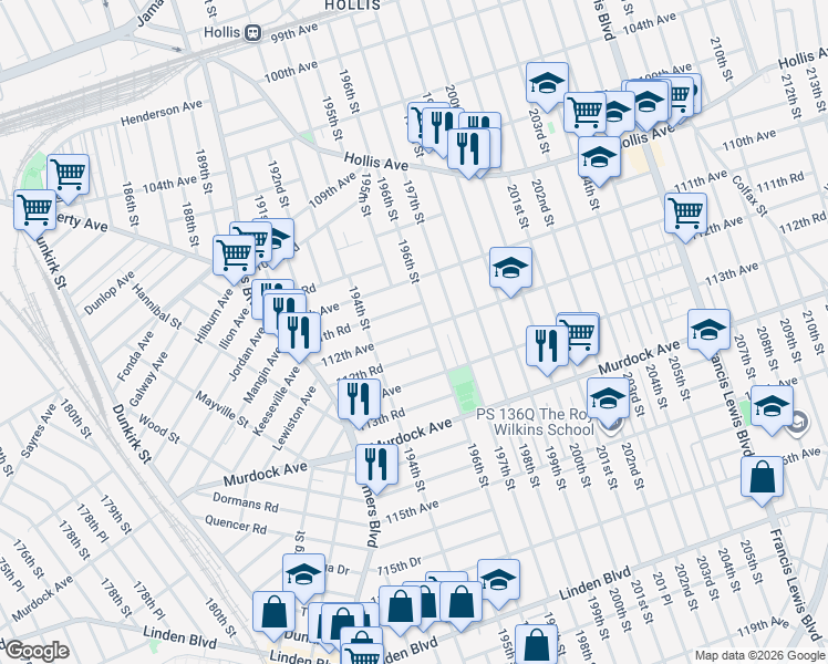 map of restaurants, bars, coffee shops, grocery stores, and more near 112-20 196th Street in Queens
