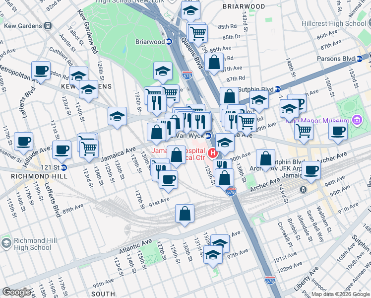 map of restaurants, bars, coffee shops, grocery stores, and more near 134-01 89th Avenue in Queens